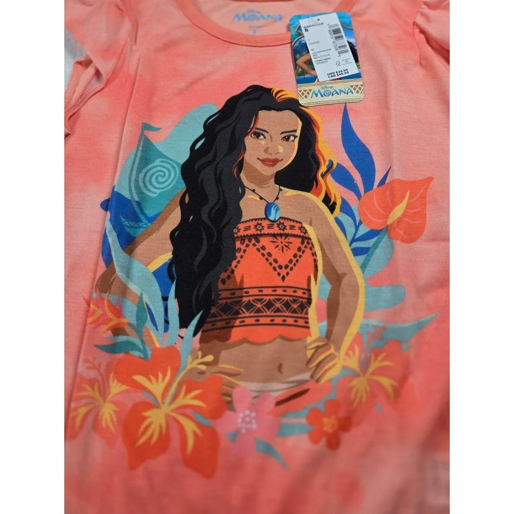 Disney Moana Girls Pajama Set Size 8 Coral Pink Flutter Sleeve Top Shorts NEW